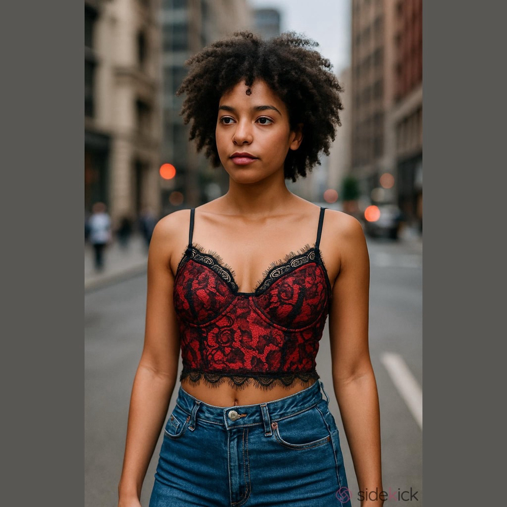 Romwe Womenโs Large Red Black Lace Bustier Crop Top Underwire Sheer Mesh adjust